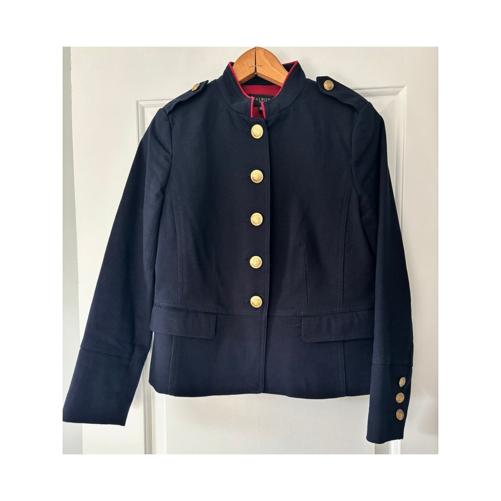 Talbots Military Jacket Women 8P Blue Gold Button Crest Twill Blazer Preppy